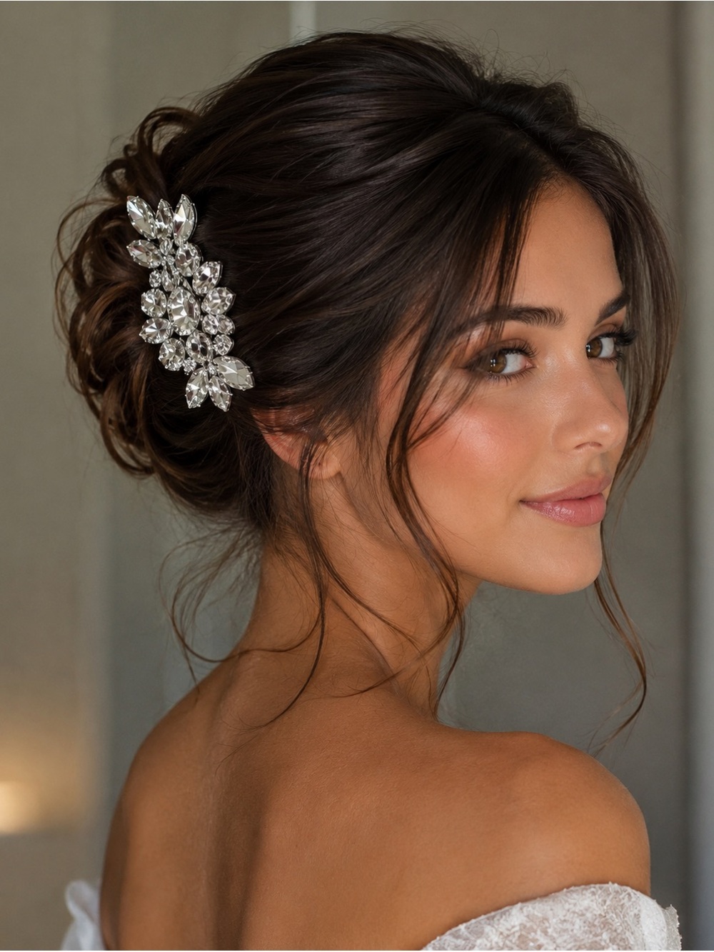 Crystal Leaf Bridal French Barrette | Silver Rhinestone Wedding Hair Clip